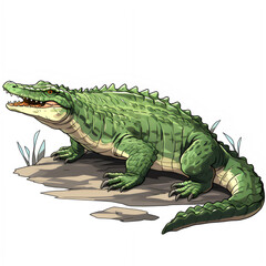 Obraz premium AI Generative cartoon of crocodile clipart, lurking, watercolor style, dark greens and grays, isolated on white background