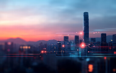 Fototapeta premium Modern urban architecture and Ai artificial intelligence technology theme background 