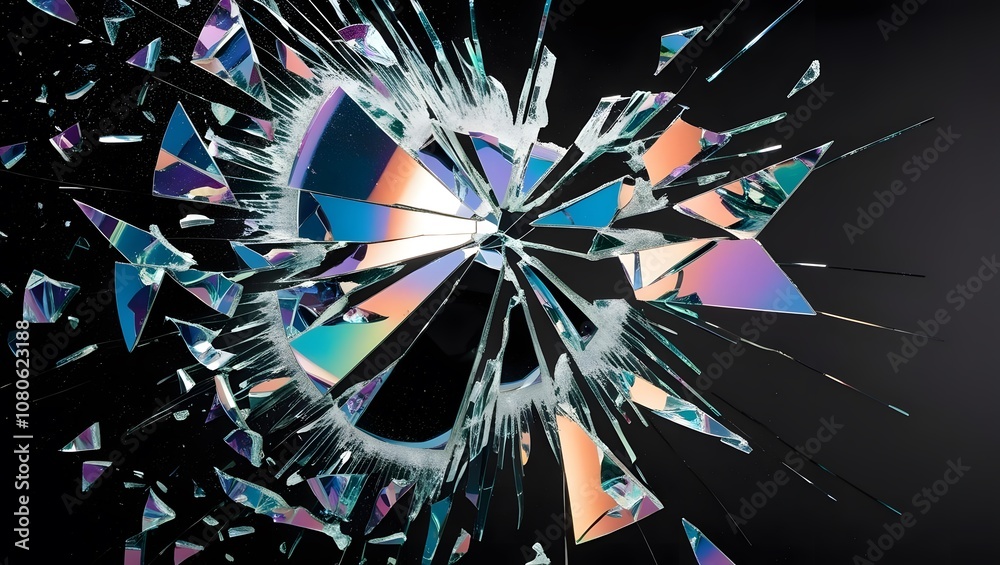 Poster explosive shattering glass action studio abstract art dark background close-up visual impact