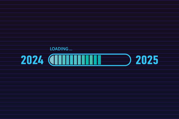 Blue loading bar from 2024 to 2025 on dark blue glitch background. New Year concept	