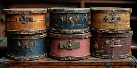 Fototapeta premium A collection of six vintage, rustic wooden hatboxes with metal clasps, arranged neatly in two rows on a wooden surface, showcasing antique craftsmanship