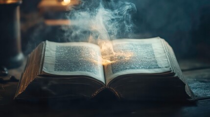 Open Book Casting Mystical Spell - Vintage Literature Study, Magical Smoke Tendrils Rising from Aged Tome on Antique Wooden Table