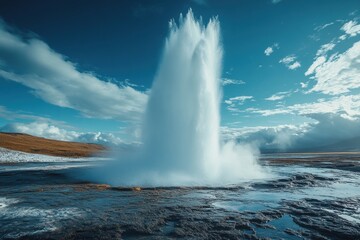 Obraz premium Majestic eruption of a powerful natural geyser in a serene landscape with clear blue skies and expansive clouds in the background