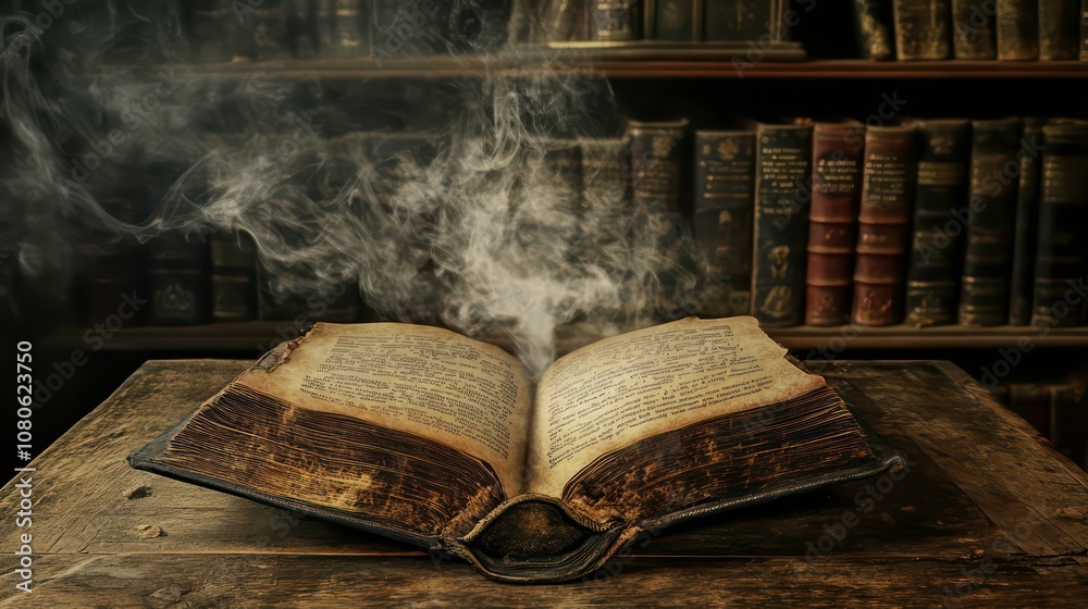 Poster an open antique book with smoke rising from its pages in a dimly lit library.