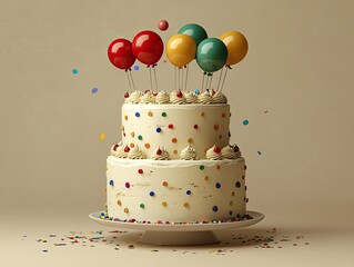 Two-tiered cake with colorful sprinkles and balloons. Perfect for birthday parties or special events.