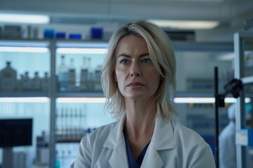 Fototapeta premium A scientist in her late forties with blonde hair conducts research in a modern laboratory focused on innovative scientific experiments