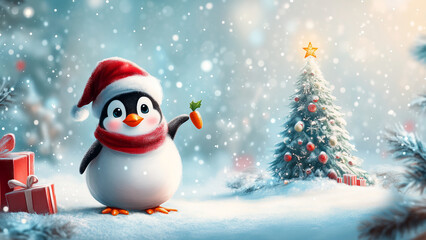 Festive Penguin Dressed as Snowman in Winter Scene