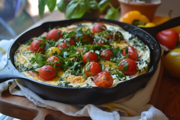 Fototapeta premium Fresh herb and spinach frittata served in cast iron skillet