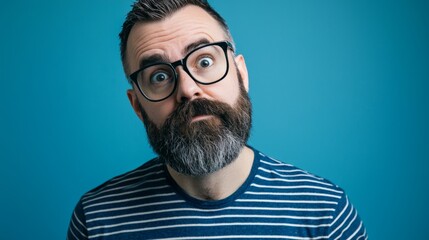 Fototapeta premium A surprised man with glasses and a striped shirt poses against a vibrant blue background, showcasing a playful expression in a studio setting