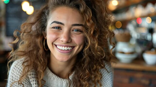 Smiling Woman With Curly Hair in Cozy Sweater at Cafe With Warm Lighting and Soft Focus Background, Emulating a Casual and Friendly Atmosphere for Social Media, Blog Posts, or Lifestyle Content