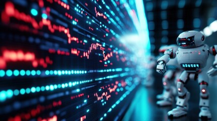Fototapeta premium Robots analyzing digital data with neon lights in futuristic setting. Concept of AI and automation.