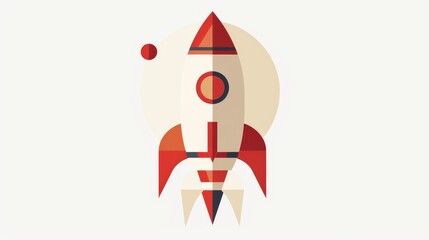 A rocket is shown in a cartoon style with a red and white color scheme. The rocket is positioned in the center of the image, with a smaller red and white rocket in the background