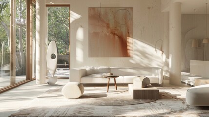 A white living room with a large painting on the wall. The room is very clean and has a minimalist feel