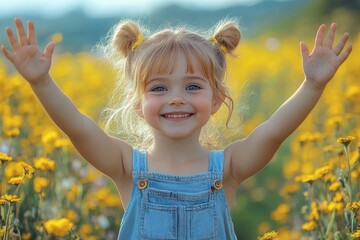 A joyful child with golden hair happily stretches her arms upward amidst a vibrant field of yellow flowers, embodying pure childhood happiness