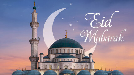 An Islamic mosque with a minaret and a dome. A large crescent moon and the inscription "Eid Mubarak" are depicted in the background.