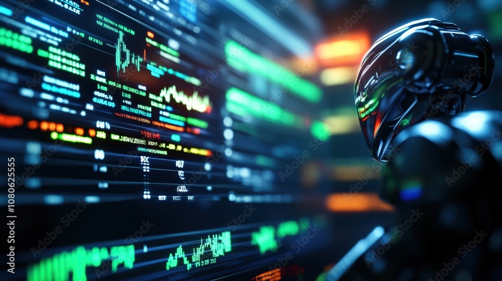 Poster a futuristic robot analyzing data on multiple screens in a high-tech environment. ai concept in acti