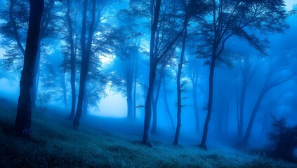 Naklejka premium Beautiful, blue, foggy night forest with trees. Stunning background with a natural landscape. Nature wallpaper with fog, a night sky, and a mysterious light.