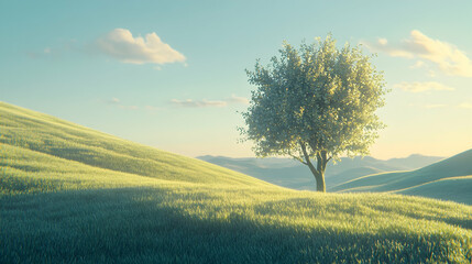 A single tree stands tall on a rolling green hill under a clear blue sky with puffy white clouds.