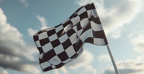 Black and white checkered flag waving in the wind on a grey background, close-up view. Italian racing checkers flying against the sky. A banner with the copy space. 