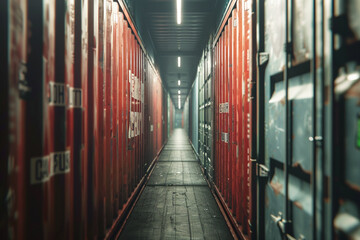 A long and narrow hallway with walls from old shipping containers. The hallway was empty and dimly lit