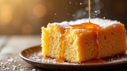 A delectable piece of golden-brown kunafa drizzled with syrup on a plate.