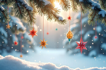 Festive decorations dangle from frosted pine branches as soft snow blankets the ground, creating a magical winter atmosphere at sunset - Generative AI