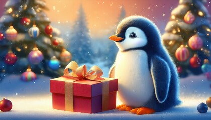 Obraz premium クリスマスツリーの前で、リボンのかかった大きなプレゼントボックスが出て驚いているペンギンの赤ちゃん。背景には、冬の雪景色と暖かい光が飾られて、全体がキラキラとしたホリデームードに包まれ