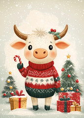 Cute Cow in Festive Attire by Christmas Tree and Gift Boxes