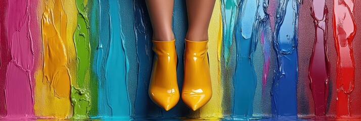A vibrant artistic photograph featuring a pair of shiny yellow boots standing against a dynamic background of multicolored paint strokes