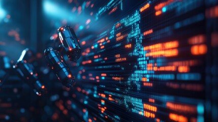 Abstract digital interface with glowing data blocks and blurry blue lights in a futuristic style.