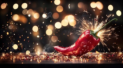 A bright red chili pepper bursts with sparks, surrounded by shimmering particles, adding excitement to a culinary gathering at night. The vibrant scene evokes a sense of flavor and celebration