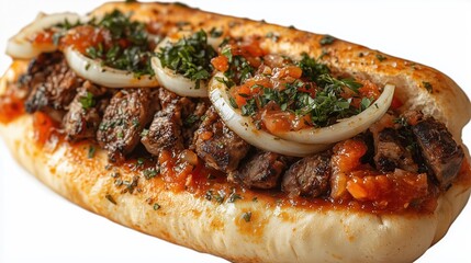 This mouthwatering Gal Petsi Meat Beast features grilled meat topped with fresh onions and herbs, nestled in a warm bun at a vibrant street food festival