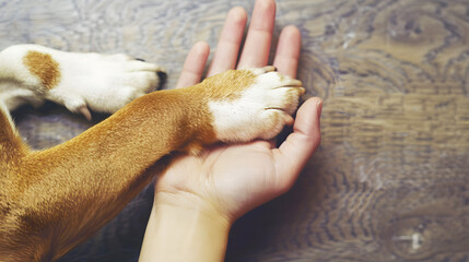Dog paws with a spot in the form of heart and human hand close up, top view. Conceptual image of friendship, trust, love, the help between the person, Generative AI
