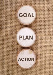 Round wood with engraved goals, plans, actions