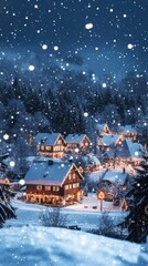 Fototapeta premium Picturesque snowy village illuminated by warm lights, creating a cozy winter atmosphere with gently falling snowflakes.
