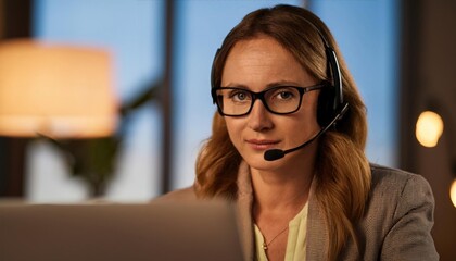 A woman working remotely on her laptop, wearing a headset with a microphone, during a virtual video team meeting