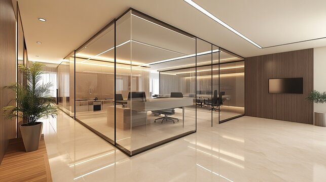 Modern office interior with glass walls and warm lighting
