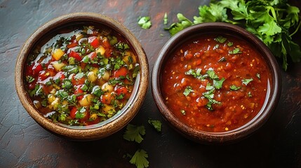 Two distinct bowls feature colorful salsas enriched with fresh herbs and vegetables, ready to complement dishes at a cheerful social gathering