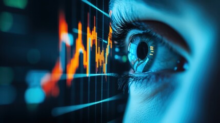 Close-up of an eye reflecting vibrant data and stock market graphs. Futuristic vision of technology and analytics.
