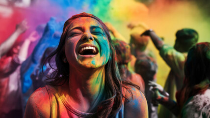 Obraz premium A bright and cheerful image of a woman celebrating the Holi festival of colors, her face is covered with multicolored powder. The colors shimmer with all the colors of the rainbow.