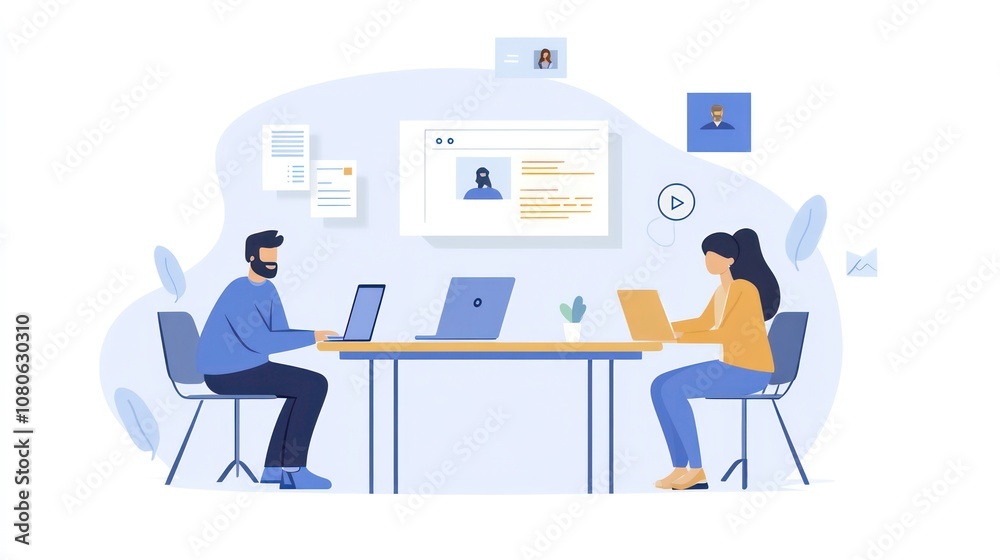Poster A man and woman sit at a desk in front of laptops, working remotely, while video conferencing with colleagues.