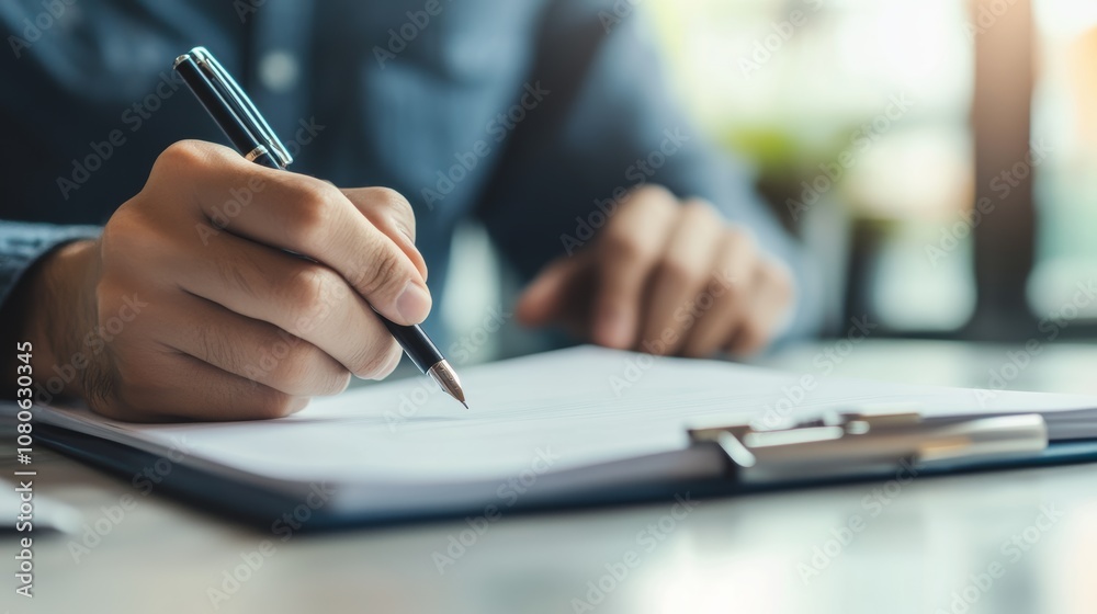Poster Close up of a businessman's hands writing notes on a document using a pen, emphasizing the act of recording or signing important information in a professional setting