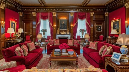 Luxurious and Elegant Interior of a Stately Room Adorned with Rich Red Velvet Sofas, Ornate Wood Paneling, and Classical Artworks