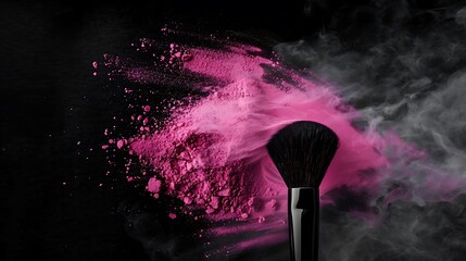 A makeup brush dispersing vibrant pink powder against a dark background, highlighting beauty products.