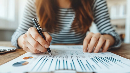 A woman analyzing data and graphs while working at a desk with financial reports.