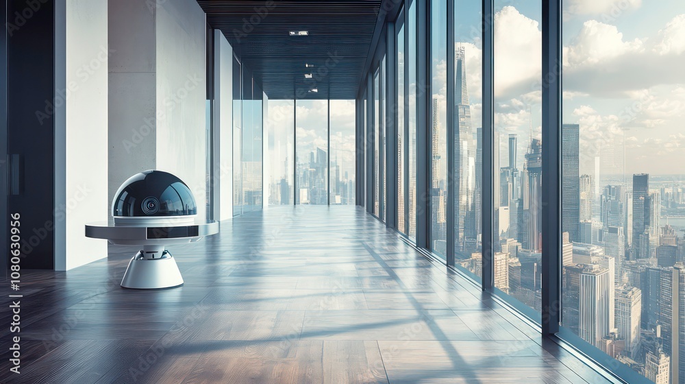 Poster A futuristic, dome-shaped robot stands in an empty office hallway with large windows overlooking a cityscape.
