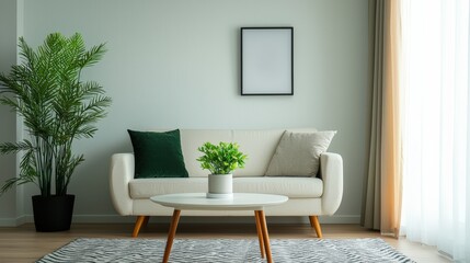 Fototapeta premium Modern eco-friendly living room with green plants and neutral colors promoting cozy minimalism