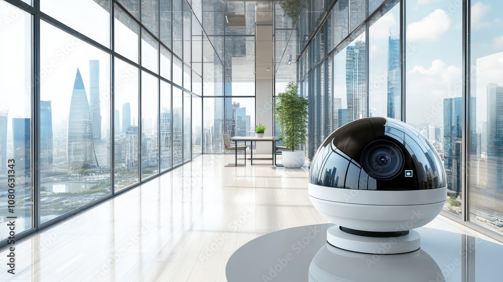 Aufkleber modern hallway with 360-degree camera on table overlooking cityscape through large glass windows