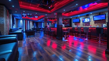 Modern bar interior with red and blue lighting, black leather seating, wooden floor, and brick wall.