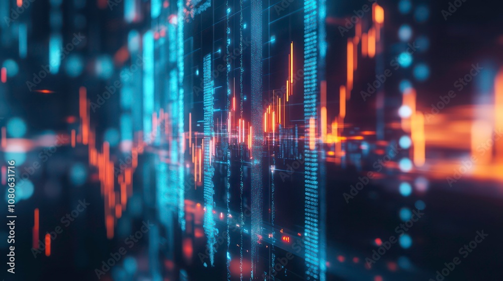 Poster Abstract digital data visualization with glowing lines and particles.